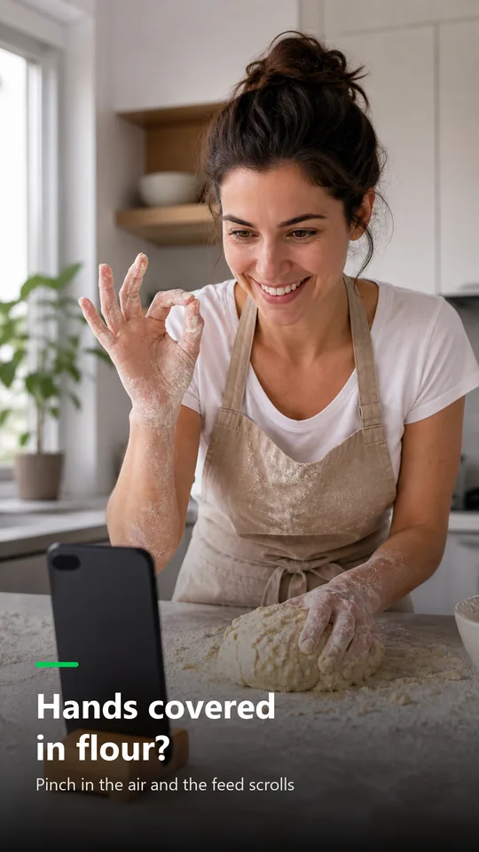 Hands covered in flour: pinch in the air and the feed scrolls