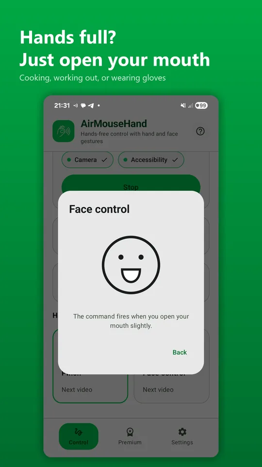 Face control screen: the command fires when you open your mouth