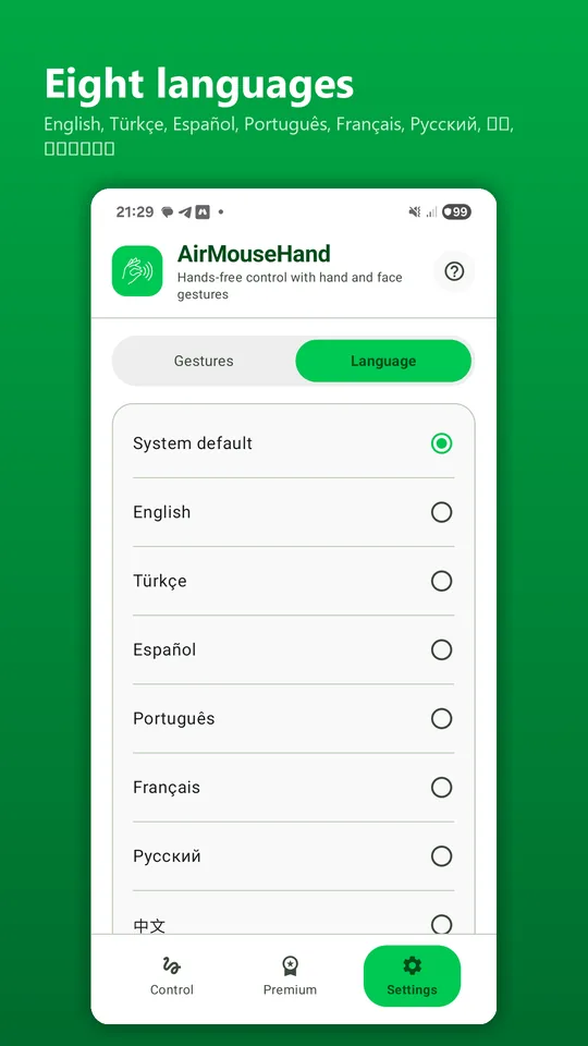 Language settings: eight languages