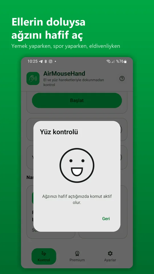 Yüz kontrolü ekranı: ağzını açınca komut gider